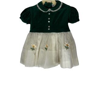 Tiny Town VTG Infants Green Velvet Bodice Dress  Embroidered Daisies Never Worn